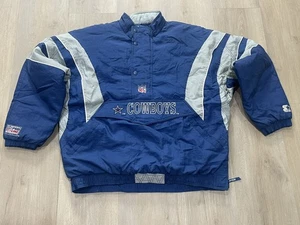 VINTAGE Starter DALLAS COWBOYS NFL calcio con cappuccio squadra puffer jacket uomo 2XL - Foto 1 di 11