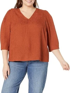 NEW Plus Size 2X Calvin Klein V-Neck Pull on ¾ Sleeve Blouse Top Terra $109 - Picture 1 of 10