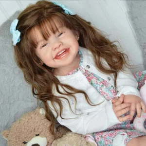 28 Zoll Reborn Baby Puppe lächelnd Kleinkind Mädchen verwurzelt lange Haare handgefertigt bemalt Geschenk - Bild 1 von 4