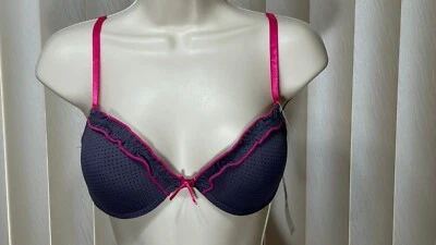 Honeydew Underwire Plunge Bra 34C Padded Push Up Ruffle Dotted Gray Pink R160057 - Image 1 of 4