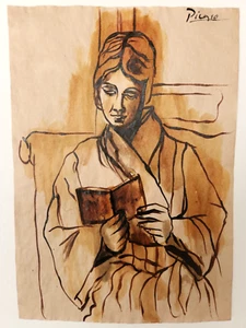 PABLO PICASSO Drawing on old paper (Handmade) signed and stamped Collectible art - Picture 1 of 2