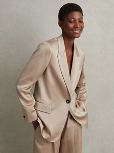 REISS Cole Satin Single Breasted Suit Blazer Jacket in Gold UK Size 12 - Picture 1 of 6