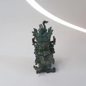 Antique Chinese Bronze Lotus Crane Square Ornament Han Dynasty | 4" x 2" | 8 oz - Picture 1 of 10