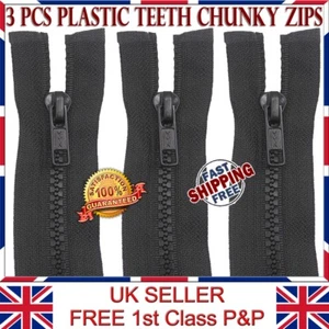 3 x Zips Plastic Teeth Chunky Zip Black Open End Quality Zipper #5 Sizes 30-45" - Picture 1 of 3