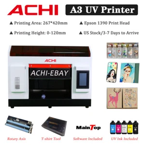 ACHI A3 UV Printer For Flatbed Cylindrical 3D Rotation Embossed Metal 6 Colors - Picture 1 of 15