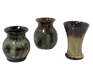 Ewenni Pottery Vases x 3 Brown / Green Mottled Pattern Welsh Pottery Hand Made - Afbeelding 1 van 13