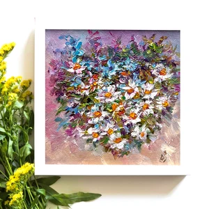 Gänseblümchen Herz Original Ölgemälde Blumen kleine Kunst 4x4 Zoll - Bild 1 von 8