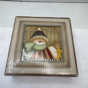 Snowman Coasters Absorbent Stone Wood Holder Winter Christmas Set 4 Square - Picture 1 of 5