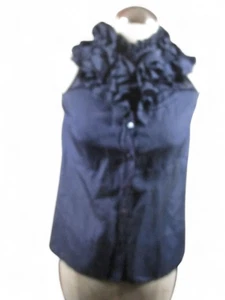 J Crew Sleeveless Shirt Womens 2 Navy Blue 100% Silk Ruffle Neck Top Blouse - Picture 1 of 14