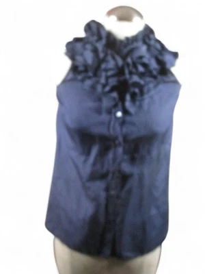 J Crew Sleeveless Shirt Womens 2 Navy Blue 100% Silk Ruffle Neck Top Blouse - Image 1 of 4