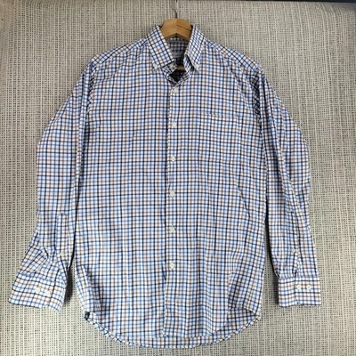Camisa Peter Millar Para Hombre Pequeña Azul Marrón A Cuadros Abotonada Manga Larga Clásica Foto 1 de 4