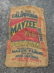Vintage Mayzee Red Brand Mazzie Farms 100lb Burlap Potato Sack Arvin California - Picture 1 of 4