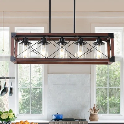 32" Red Wood Pendant Light Farmhouse Hanging Lamp with Clear Glass Shade Fixture - Image 1 of 4