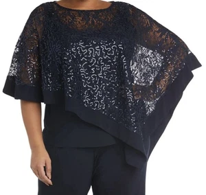 R&M Richards Damen marineblau Pailletten Spitze Poncho Top Bluse 2-teiliges Set Größe 18W NEU - Bild 1 von 11