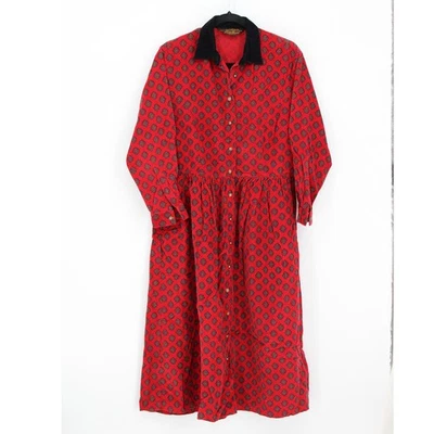 Eddie Bauer Vintage 80s Small Red Corduroy Black Collar Button Front Maxi Dress - Image 1 of 4