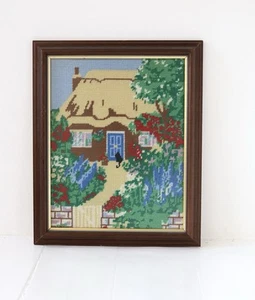 Vintage Tapestry Completed Needlepoint Cottage Black Cat Framed 14” X 11” - Picture 1 of 12