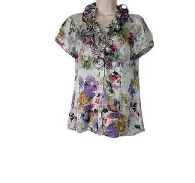 Blusa Spence Mujer Vintage Flo Volantes Abotonada Gris Floral Satén M Nueva Foto 1 de 3