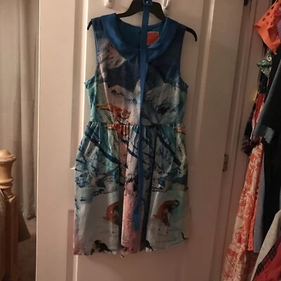 ModCloth Dress Rainbow Skiing Cat L Whimsy Without End Royal Blue Sleeveless L - Image 1 of 4