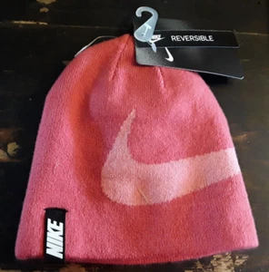 Nike Hat Girls Sz 4 Beanie Reversible Solid Pink Striped Snuggle Tight Head Warm - Picture 1 of 4