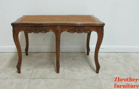 Antique Quality French Country Carved  Cane  Bench Stool Coffee Table Cover
