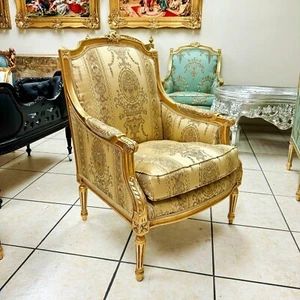 French Louis XV Style Gold Bergere Wing Chair with Gold Leaf Details - Picture 1 of 7