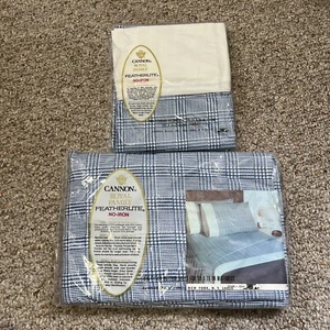 Vtg NOS Cannon Royal Family Blue Plaid Houndstooth Twin Fitted/pillowcase Set - Picture 1 of 6
