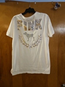 Victorias Secret Pink Bling Campus Tee Shirt Sequins Shine Medium White Silver - Picture 1 of 5