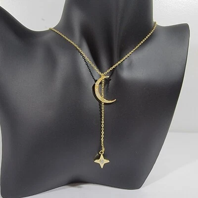 Collar Lili Cierre Cuerda la Luna y Estrella Placa Plata Latón Nuevo Foto 1 de 4