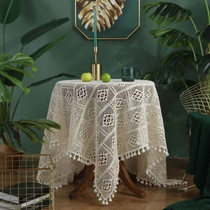 Vintage Tischdecke handgehäkelt Baumwolle Deckchen rund Spitze Tischauflage beige - Bild 1 von 68