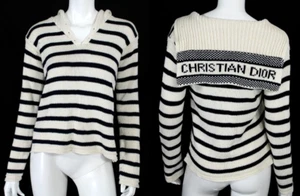 CHRISTIAN DIOR Navy Blue & White Striped Logo Cotton Cashmere Sailor Sweater 40 - Picture 1 of 9