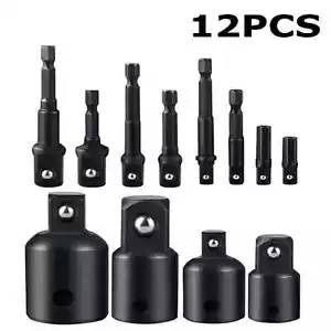 12pcs Drill Socket Adapter and Reducer Hex Extension Bit Set 1/4 3/8 1/2 Inch - Picture 1 of 12