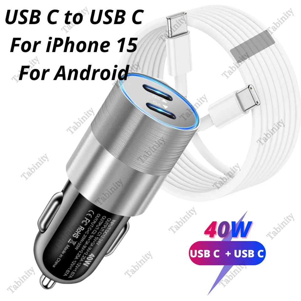 Cargador de Coche Rápido 40W USB-C Para iPhone 15 Pro Max Plus iPad Android Tipo-C Cable Foto 1 de 4