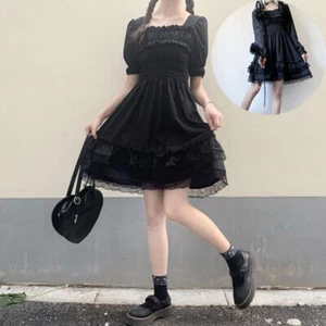 Gothic Puff Lolita schwarz Stil Kleider Spitze Prinzessin Schrägstrich Ärmelrüschen - Bild 1 von 17