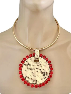 Hammered Round Pendant Red Chic Statement Choker Necklace Earrings Set - Image 1 of 4