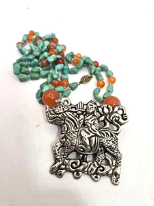 Collana con ciondolo turchese e corniola in argento sterling cinese vintage - Foto 1 di 6