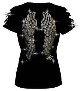 Bling Angel Wings Rhinestone Shirt Ripped Slit Cut Out Short T-Shirt S~4XL - Picture 1 of 2