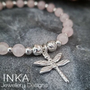 Inka 925 Sterling Silver & Rose Quartz Stacking Bracelet with Dragonfly Charm - Picture 1 of 6