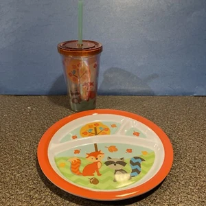 Melamine Child Kids 3 Section Plate Fox Raccoon Woodland With Straw Cup - Picture 1 of 9