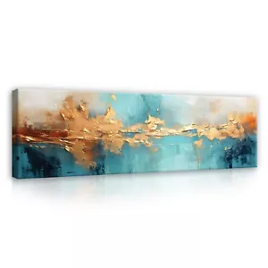 Leinwand Bilder Groß Abstrakt Blau Gold Modern XXL Wandbild Leinwandbild 145x45 - Bild 1 von 7