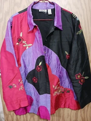 Chaqueta de seda Chico's para mujer talla 3 XL púrpura rojo negro bordado botón Blazer Foto 1 de 4