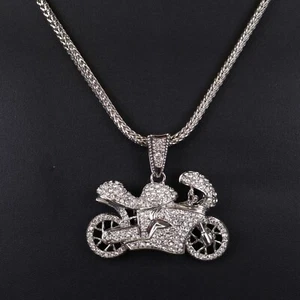 Silver Finish Hip Hop Crystal Pendant Bike Motorcycle 36" Franco Chain - Picture 1 of 10