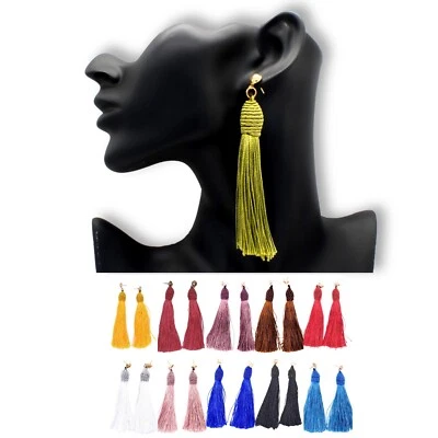 CONE STYLE BOHO EARRINGS SILKY TASSLE DANGLE FRINGE TASSEL DROP DESIGN COLOURS - Image 1 of 4