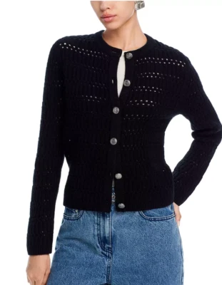 C women's Designer 100% Cashmere Crochet Black Cardigan - Medium - retail $198 - Image 1 of 4