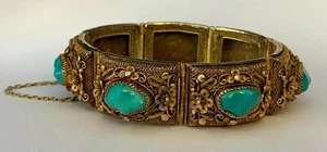 Antigua pulsera de filigrana china de plata dorada con 7 eslabones turquesa - Imagen 1 de 11