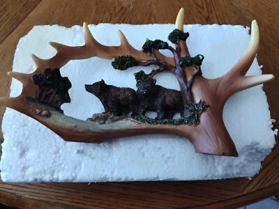 Resin Faux Elk Antler Carved Bear Landscape Home Country Cabin Decor - Image 1 of 4