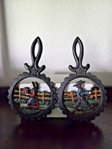 Vintage Cast Iron Amish Couple Wall Trivets – Hand-Painted – Wilton Style 8" - Picture 1 of 9