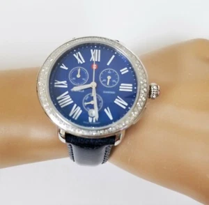 NEW MICHELE SEREIN SILVER TONE,BLUE PATENT LEATHER BAND,BLUE MOP,DIAMOND WATCH - Picture 1 of 5