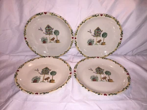 4 Vintage THOMSON POTTERY 7-3/4" Salad Plates Birds Birdhouses Flowers Garden - Picture 1 of 3