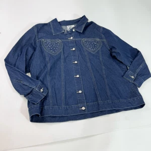 Quacker Factory Jean Jacket Womens 2x Blue Denim Heart Rhinestone Lightweight - Picture 1 of 7