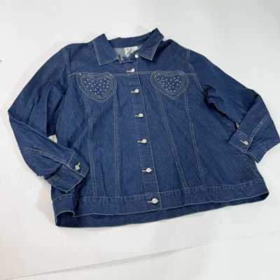 Quacker Factory Jean Jacket Womens 2x Blue Denim Heart Rhinestone Lightweight - Image 1 of 4